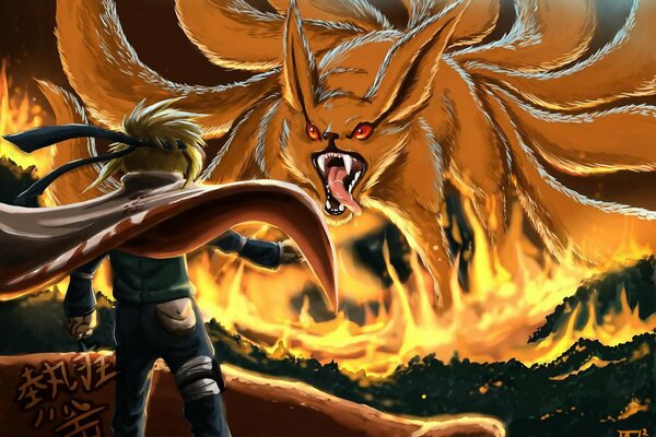 Anime Naruto: Ein junger Mann kämpft mit einem neunschwänzigen Monster