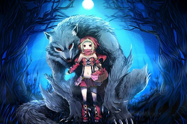 Anime, little red riding hood in a miniskirt on a moonlit night in the forest with a wolf