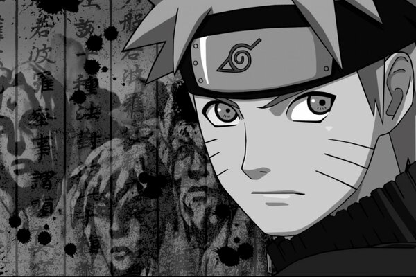 Black and white image of teenage ninja Naruto