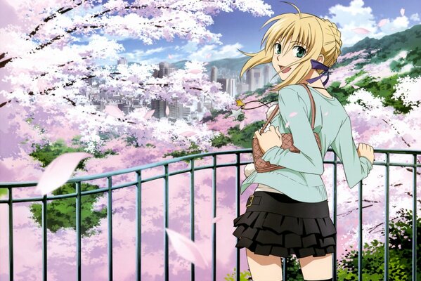 Anime Dziewczyna W Sakura przy balustradzie