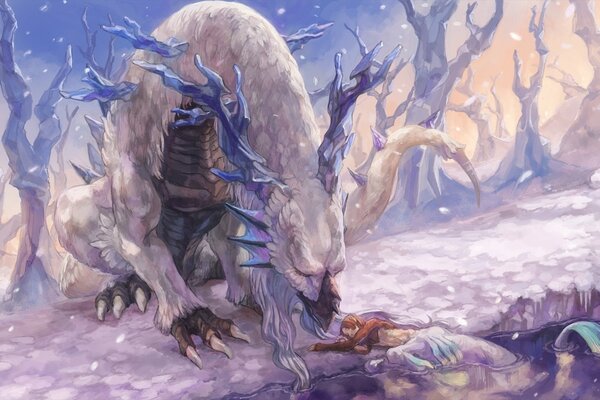 Dragon and elf on the shore of a snowy lake