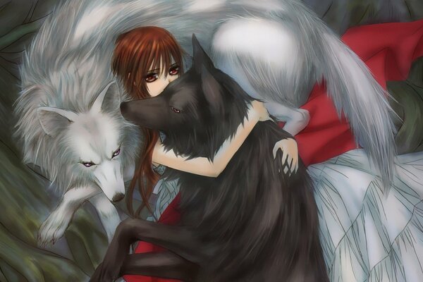 A girl embraces two wolves