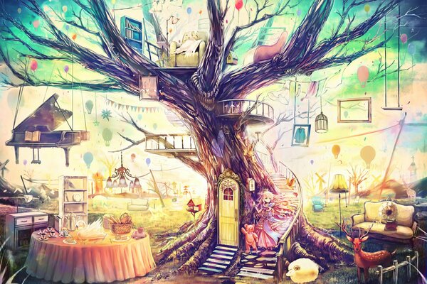 Un mundo de cuento de hadas con un árbol mágico de anime