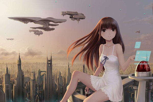 Kunst mit einem Mädchen in der Zukunft mit fliegenden Schiffen