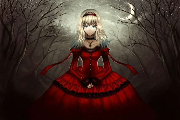 A girl in a red dress with a pendant in the night