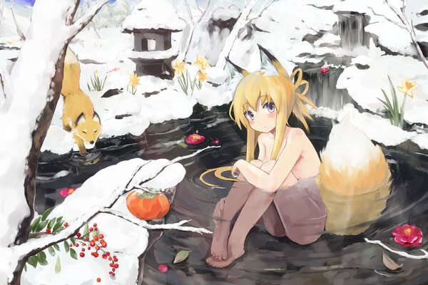 Fox Girl en el estanque de invierno