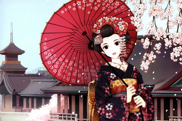 Eine Geisha mit einem roten Regenschirm unter einer Sakura