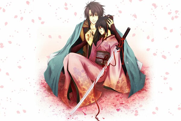 A girl in a kimono is sitting with a man