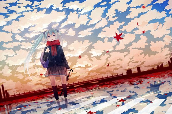 Anime, a girl with an umbrella in the autumn city