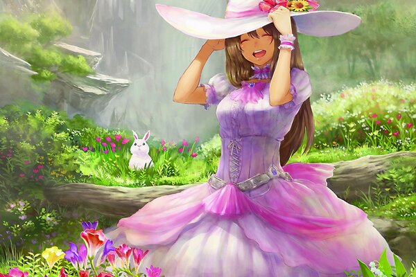 A girl in a hat among beautiful flowers