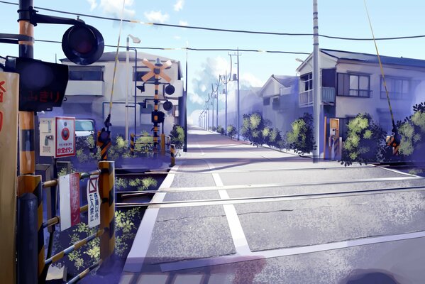 Art drawing of a railway crossing in Japan