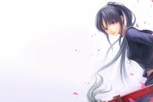 Anime girl with katana and petals