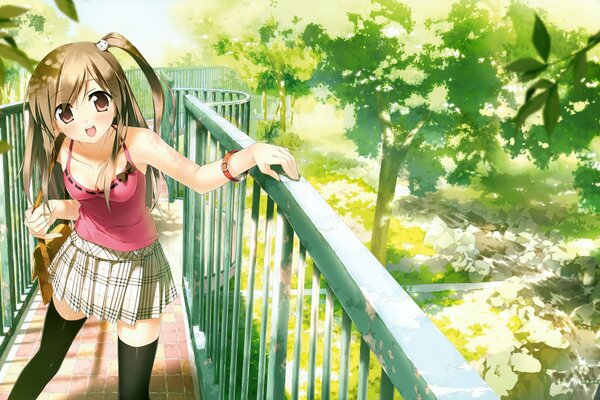 Anime, Mädchen auf der Brücke auf Naturroda Hintergrund