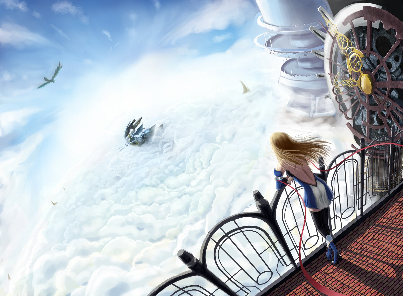 blazblue fille de voiture blonde en développement cheveux navire sur les nuages