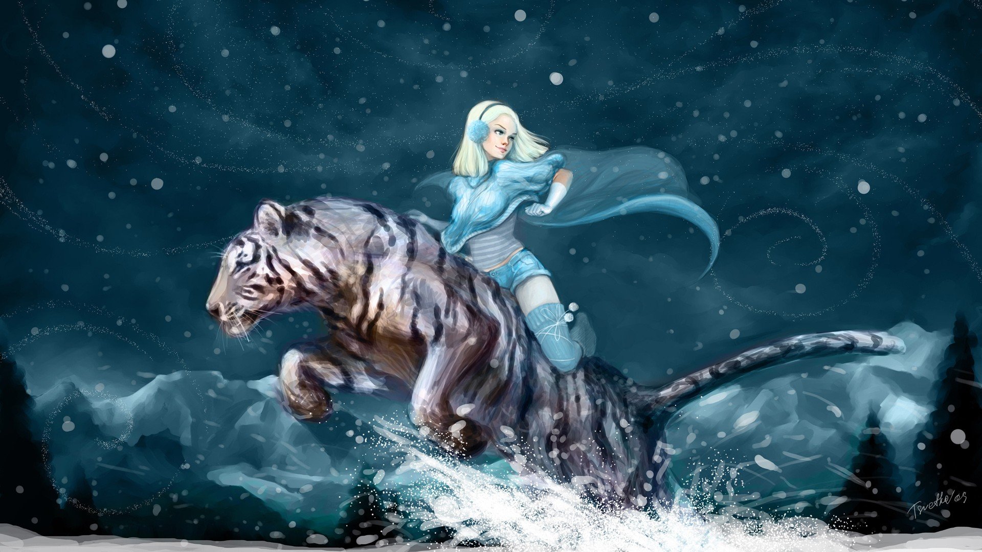 anime fille tigre tigre blanc hiver neige montagnes nuit humeur