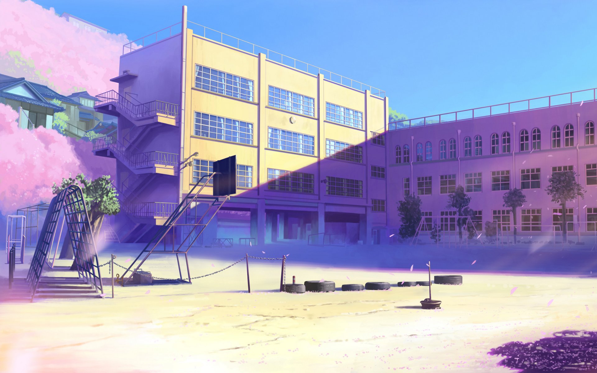 byousoku 5 cm flor de cerezo escuela de japón 5 centímetros por segundo makoto shinkai edificios japón escuela juego patio de recreo floración sakura rosa pétalos arte