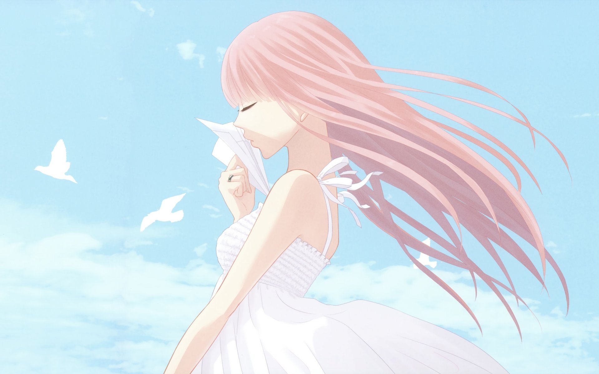 vocaloid girl origami sky thought clouds bird