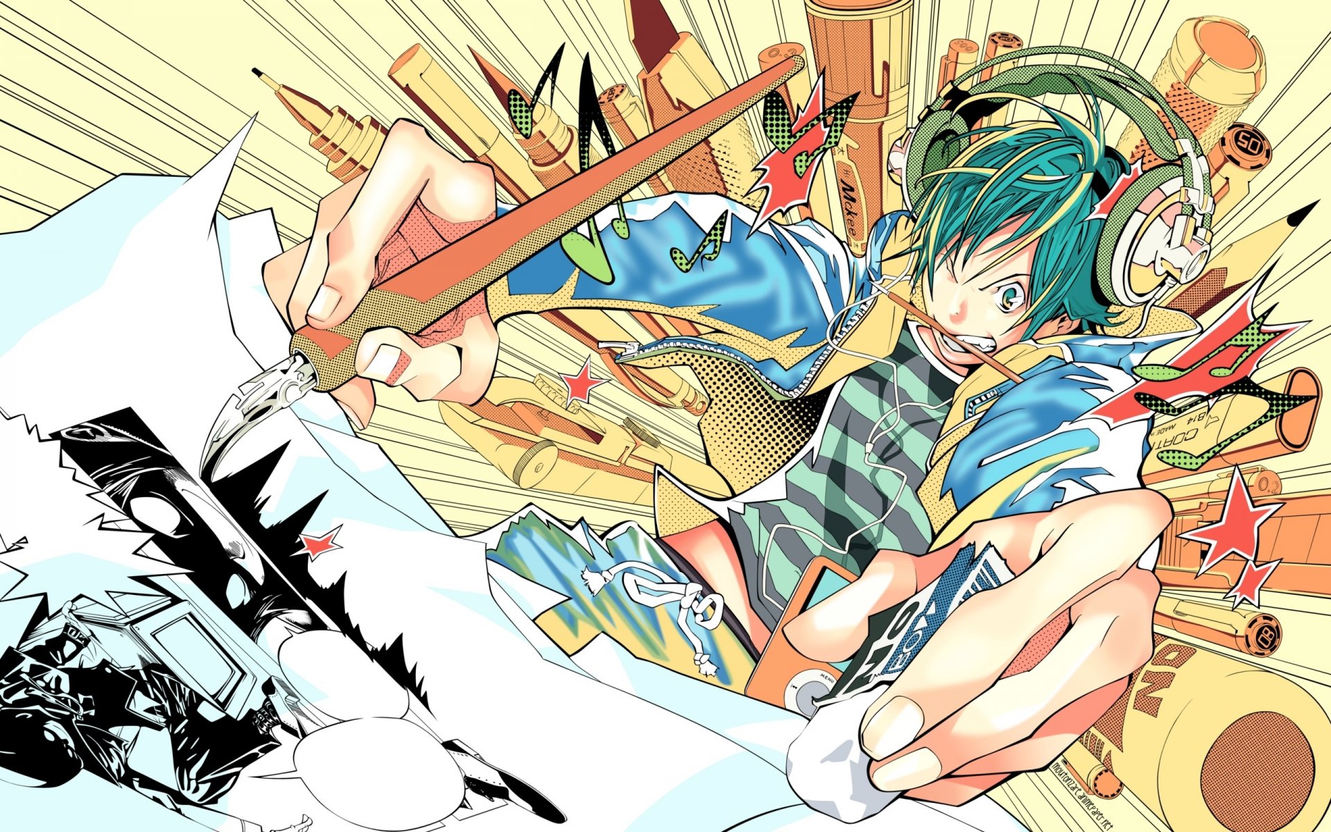 bakuman artista pincel apuesta auriculares pluma lápiz dibuja