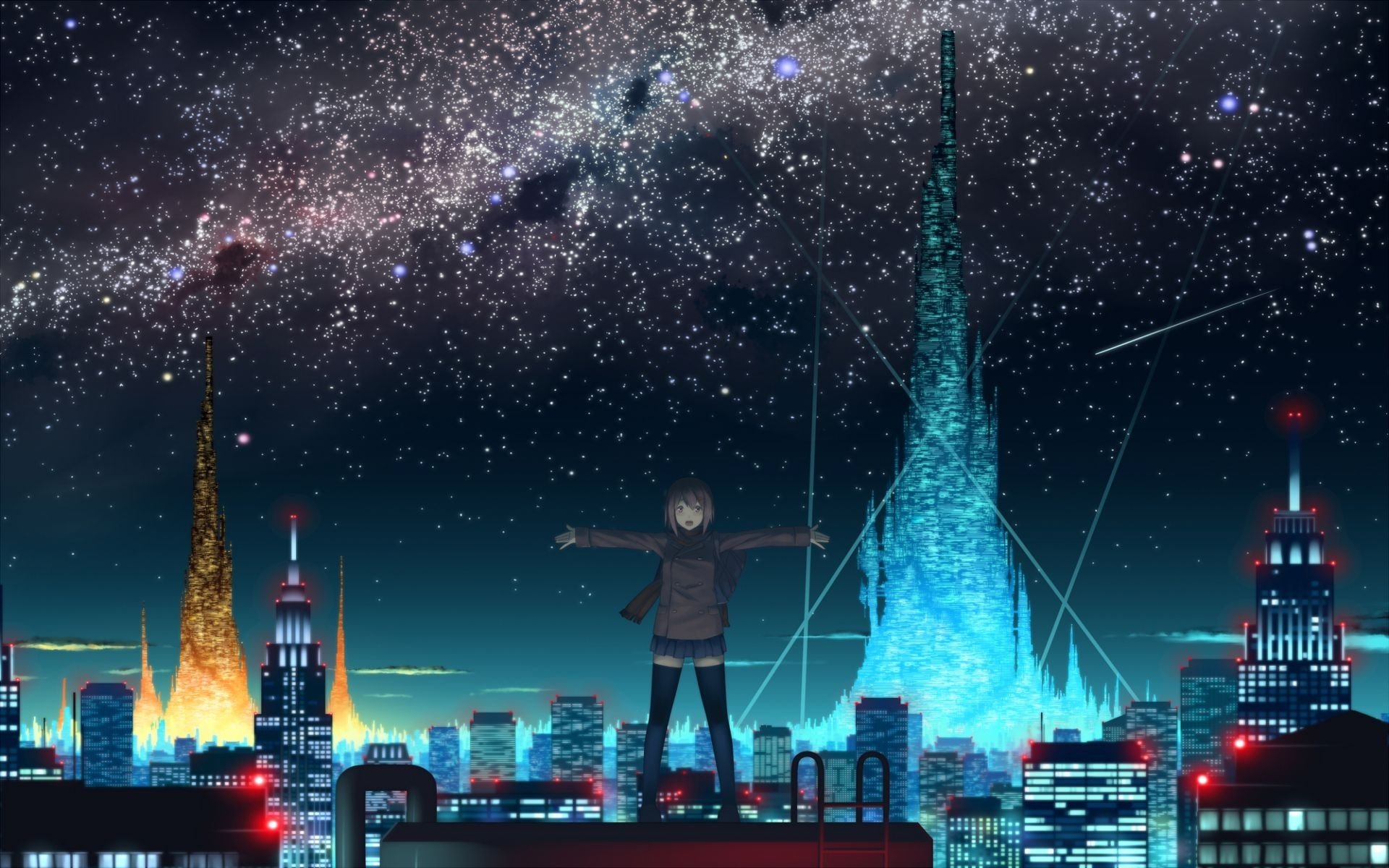 anime fille toit nuit ville ciel lumières