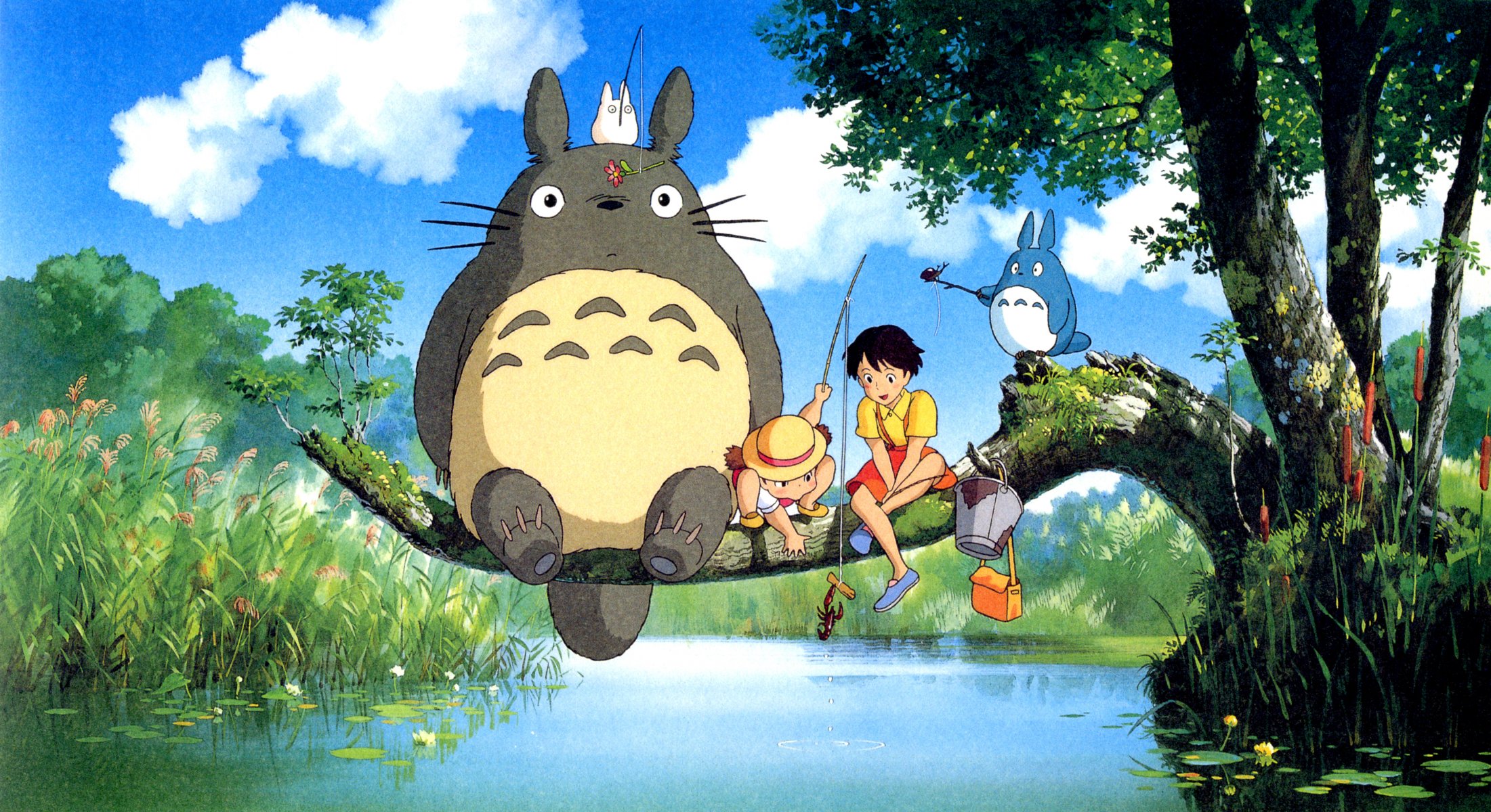 hayao miyazaki ghibli mój sąsiad totoro mei kusakabe satsuki kusakabe totoro drzewo rzeka wędki