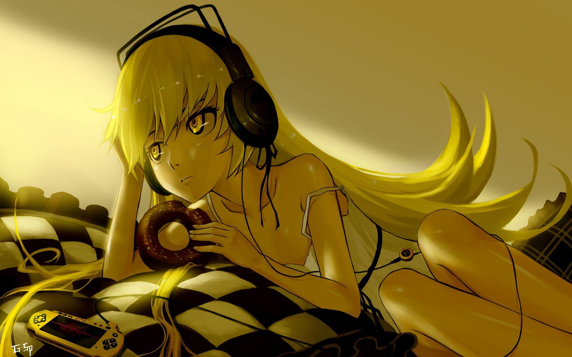 oshino shinobu ragazza sguardo cuffia giallo