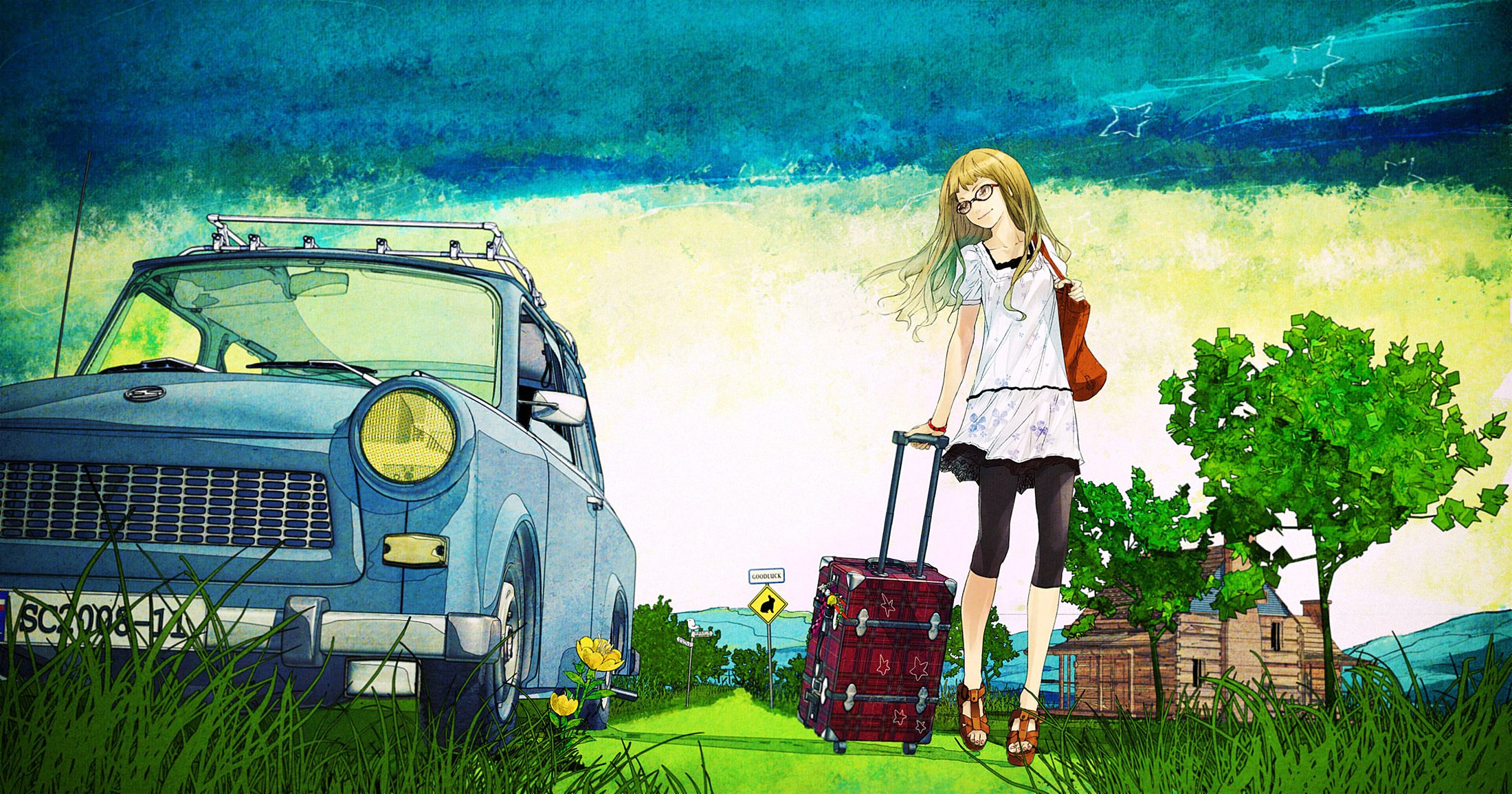 blonde with suitcase devushna bag summer tree roads in the villages road the old vehicles picture art