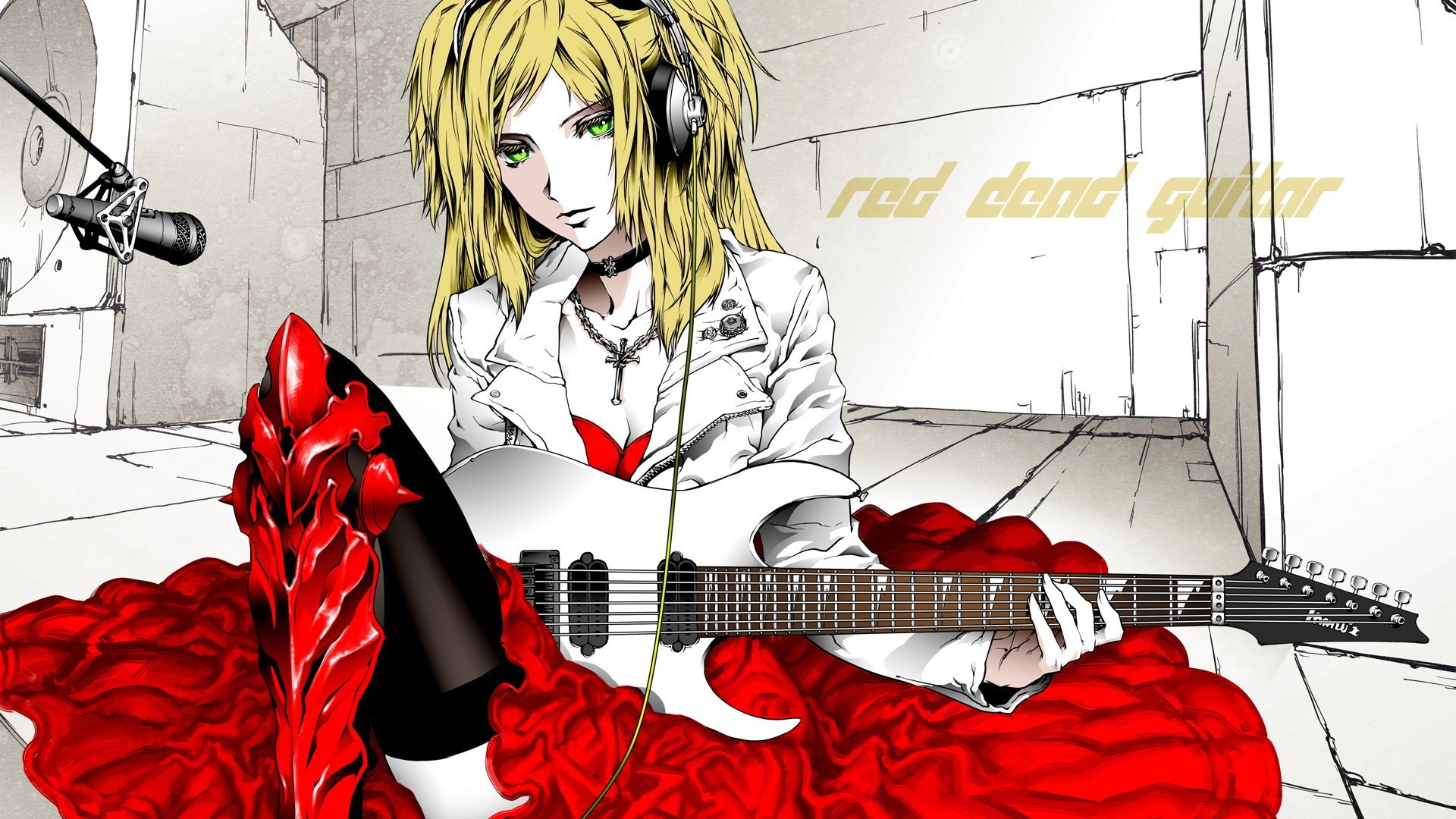 blonde guitare microphone guitare électrique robe yeux verts