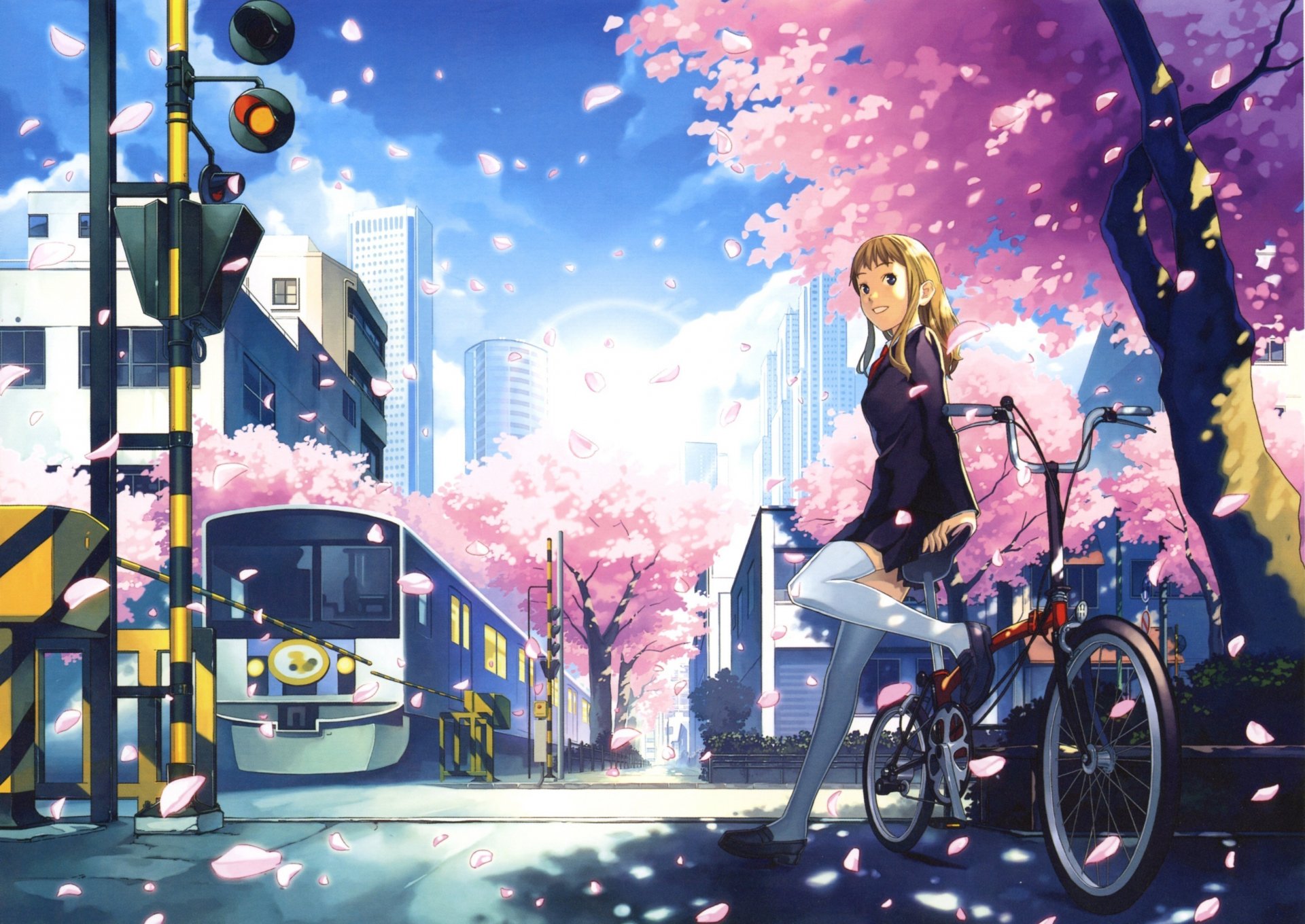 anime cinq centimètres par seconde sakura pétales chemin de fer fille vélo ville