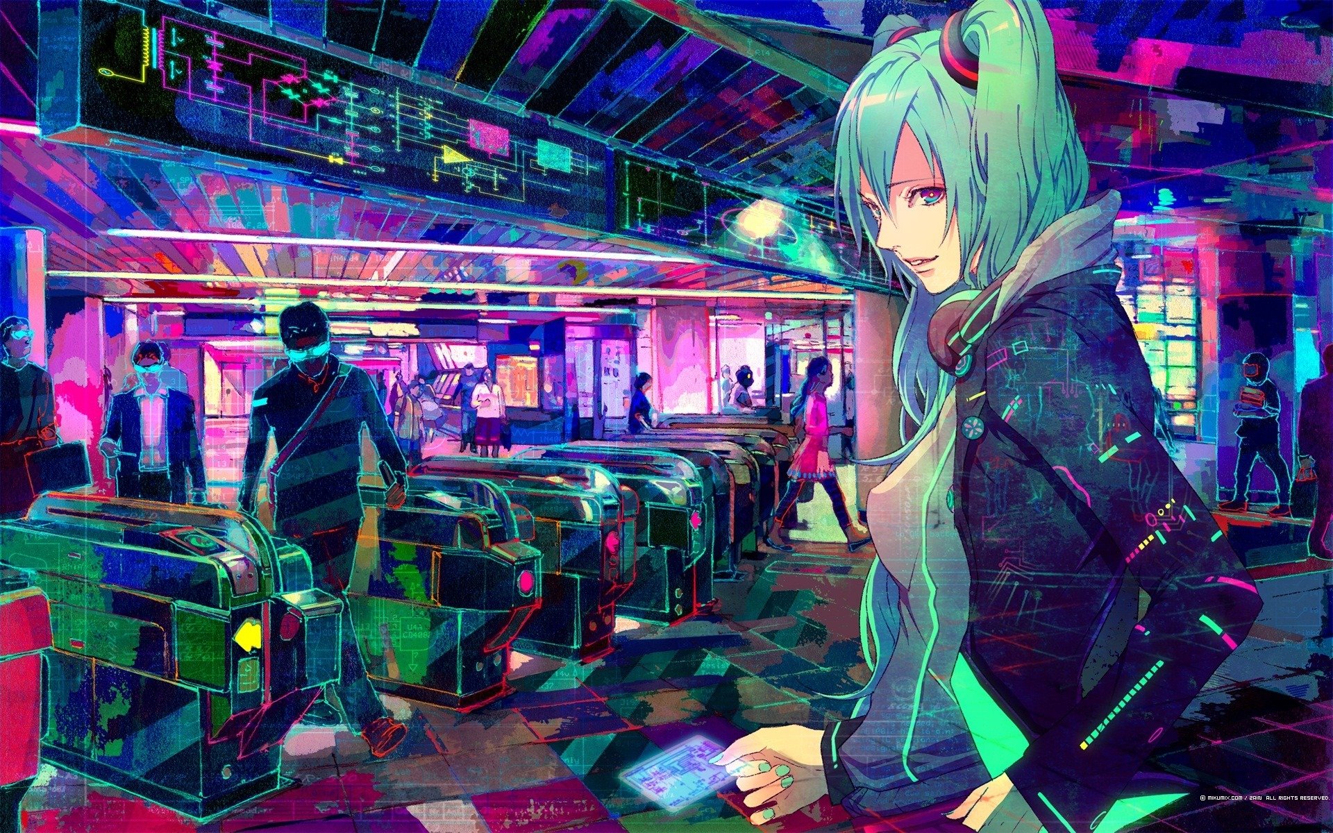 u-bahn-mädchen mann hatsune miku vocaloid vocaloid menschen karte u-bahn farbe kunst