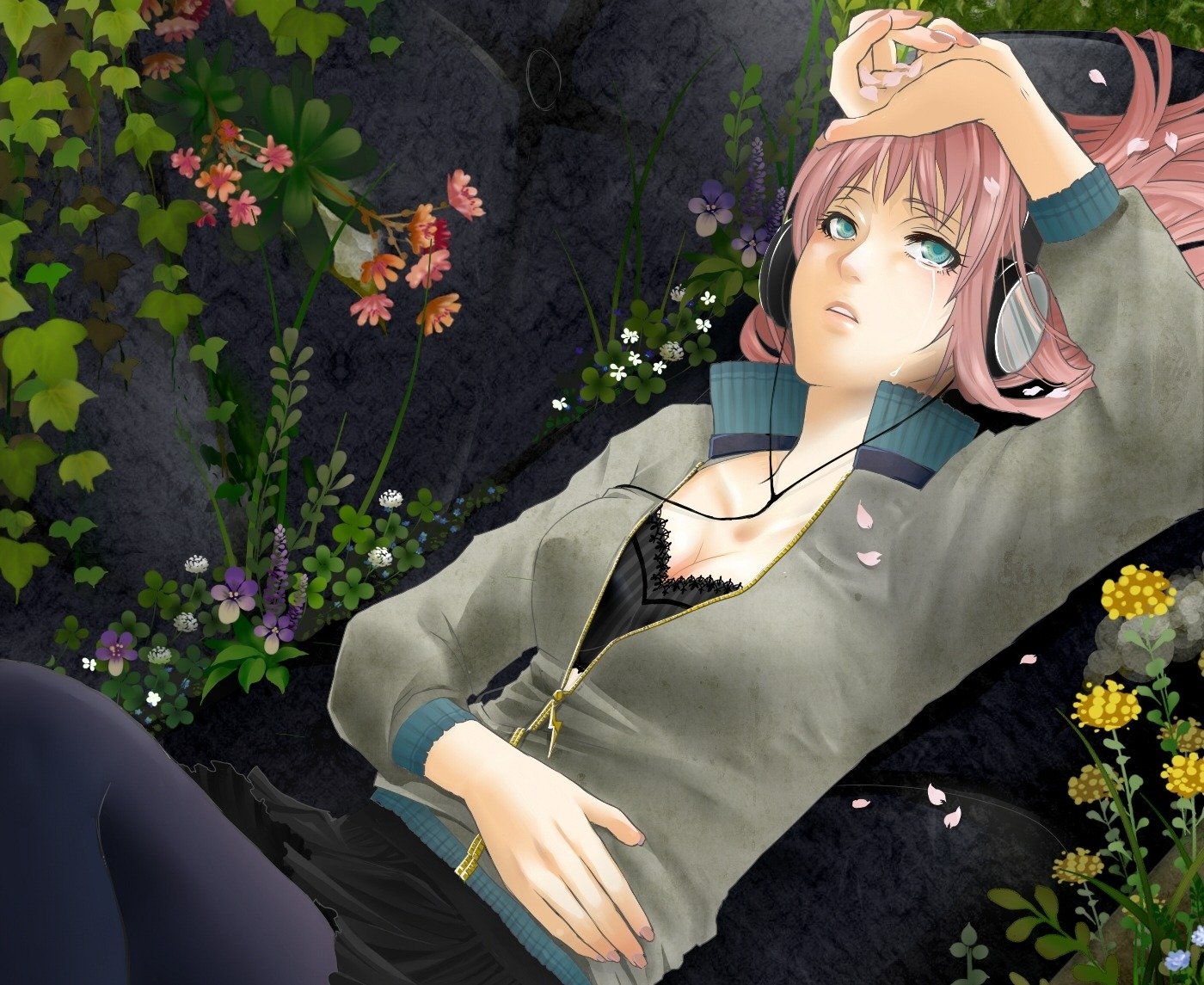 anime girl . garden stones flower music headphones mood