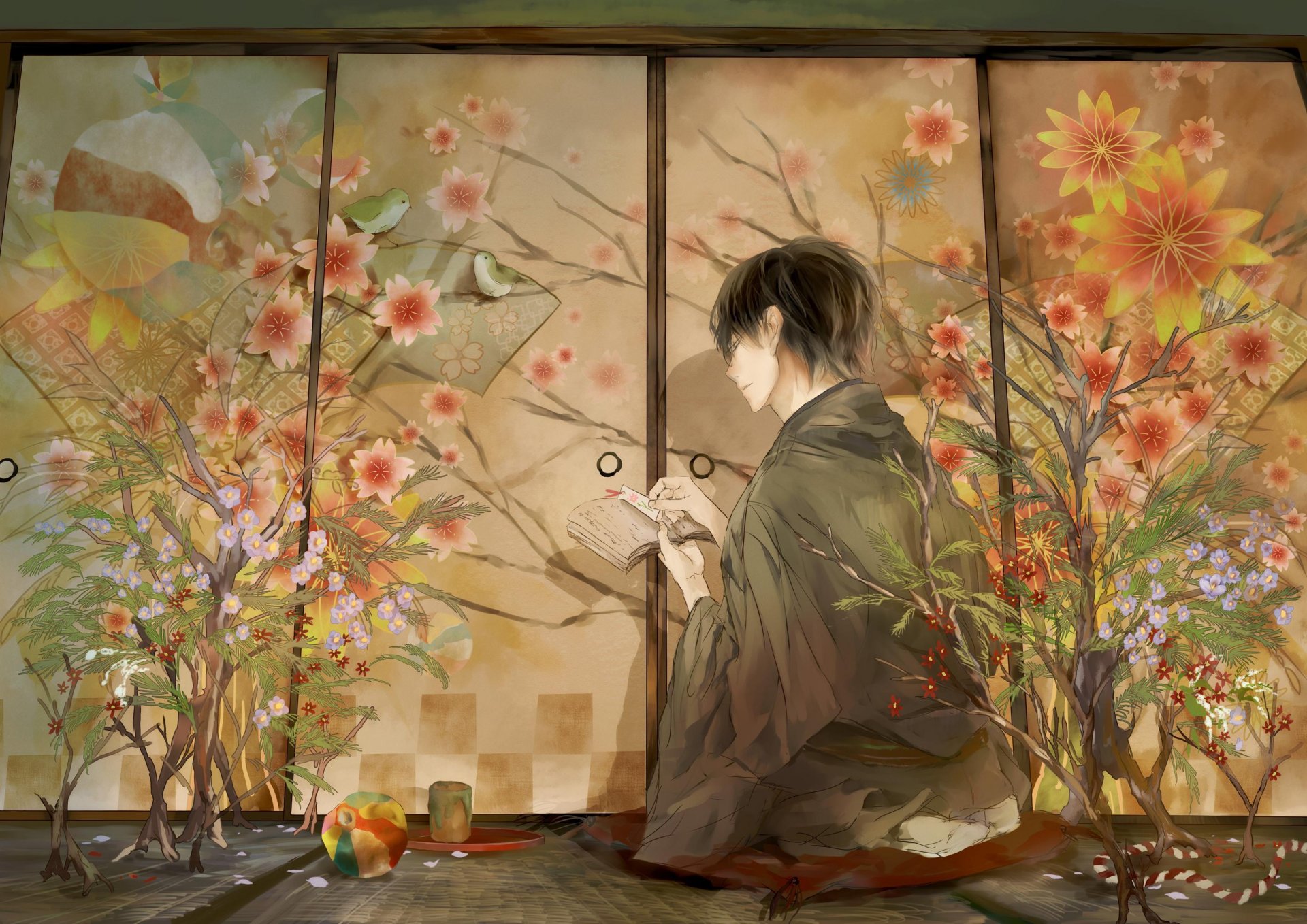 anime guy notebook flower birds characters kimono tab