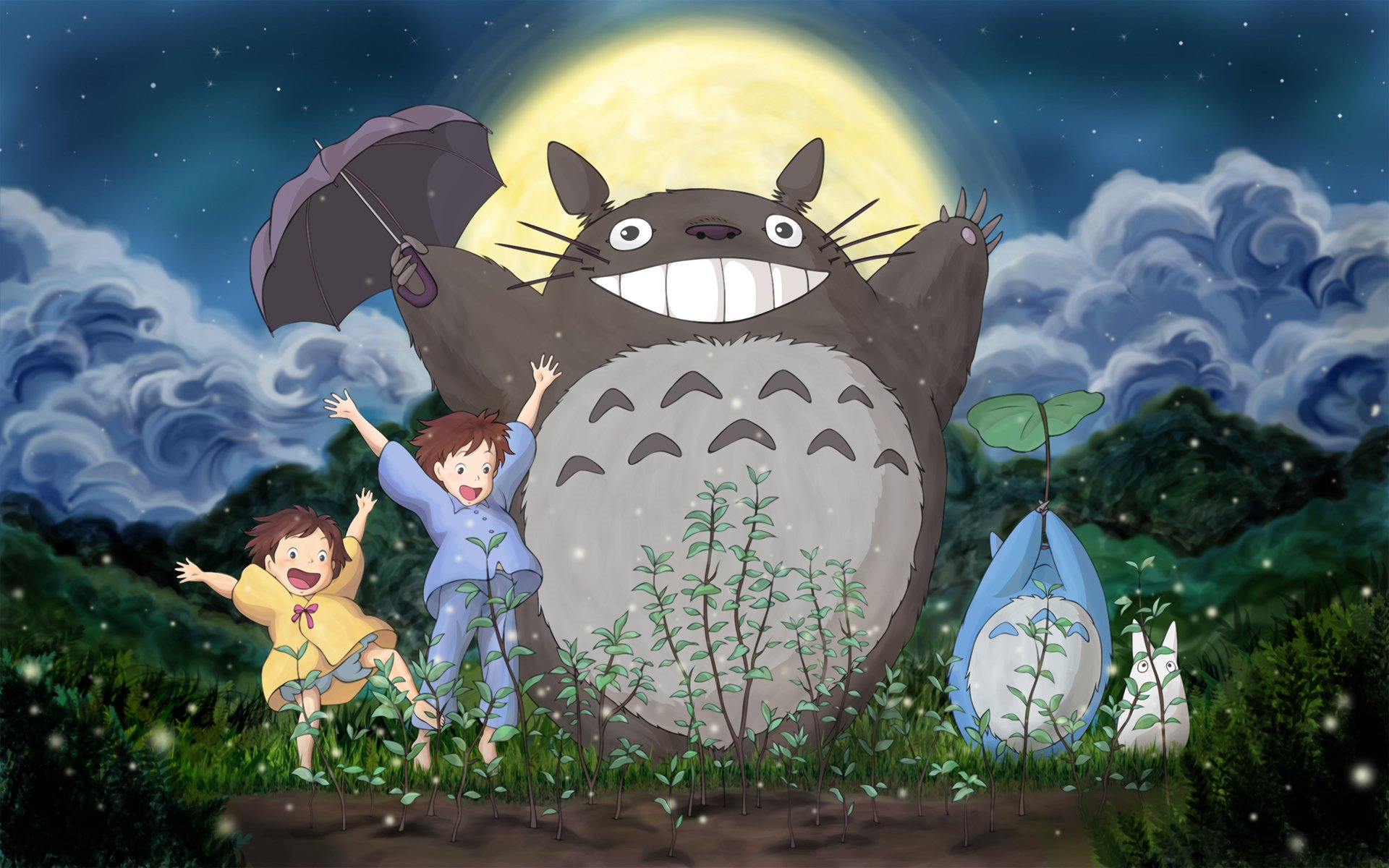 ghibli mi vecino totoro mei satsuki totoro bosque cielo luna hierba nubes hayao miyazaki