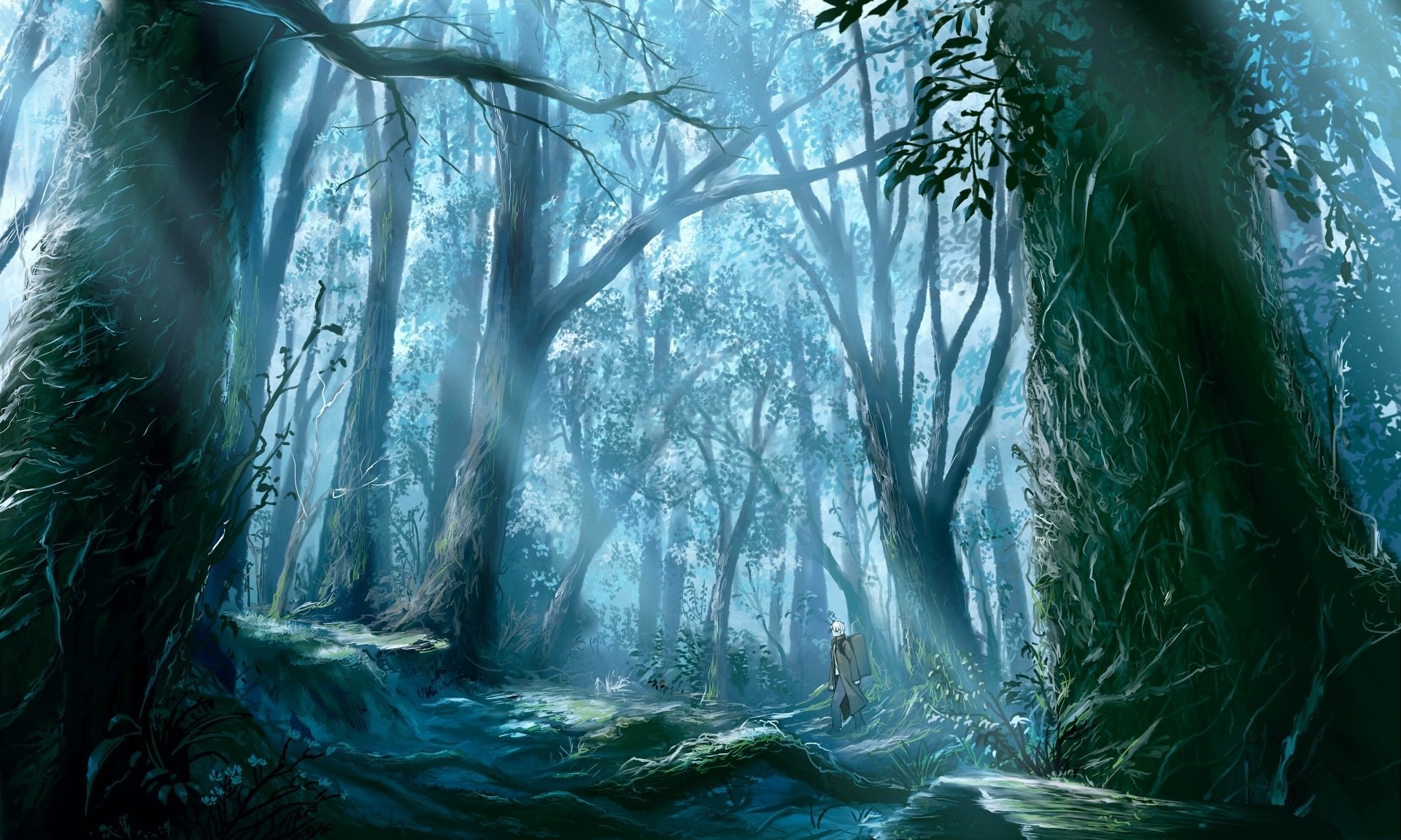 mushishi viejo bosque árboles raíces rayos sol viajero hombre