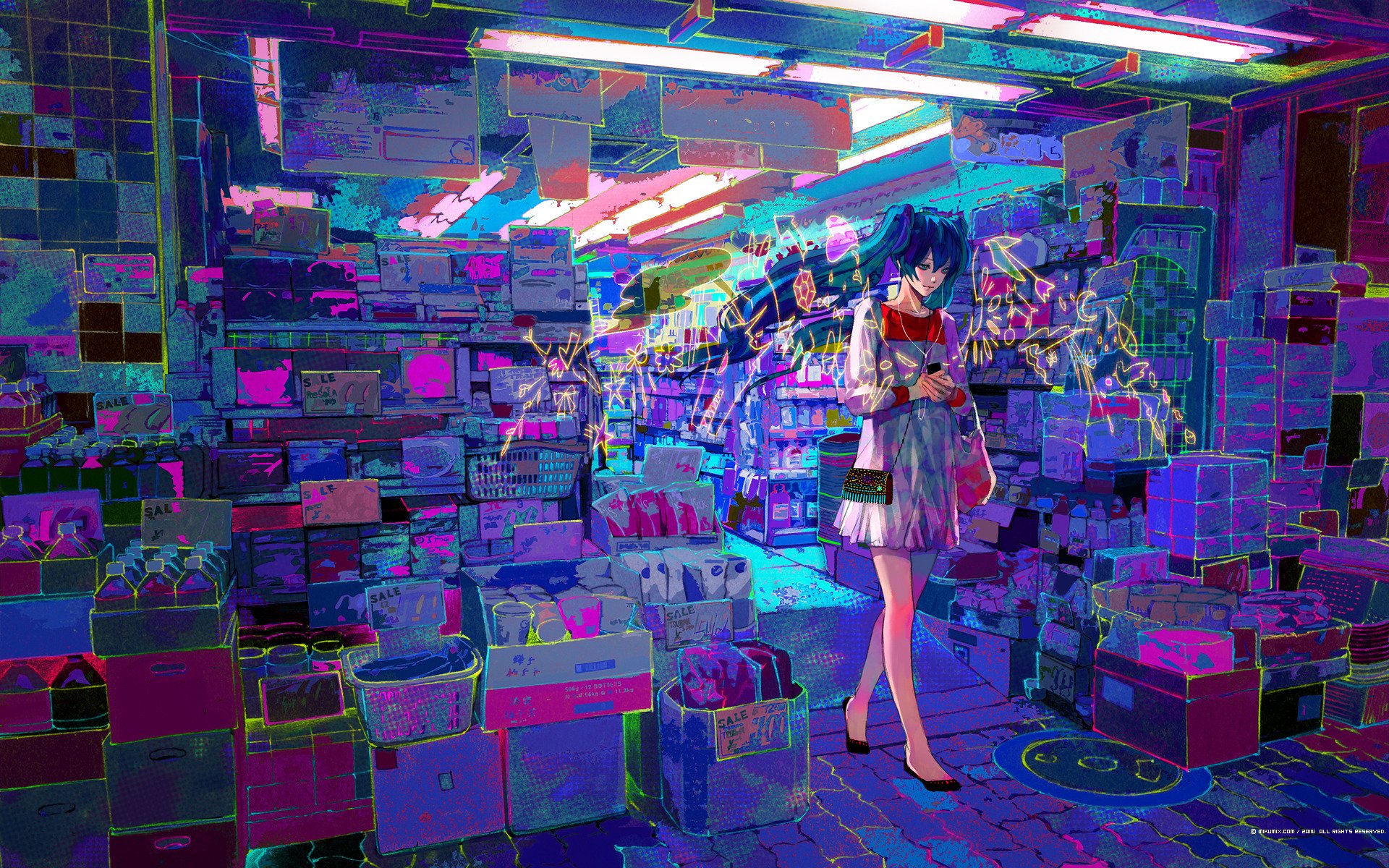 hatsune miku vocaloid city street shop art vocaloid