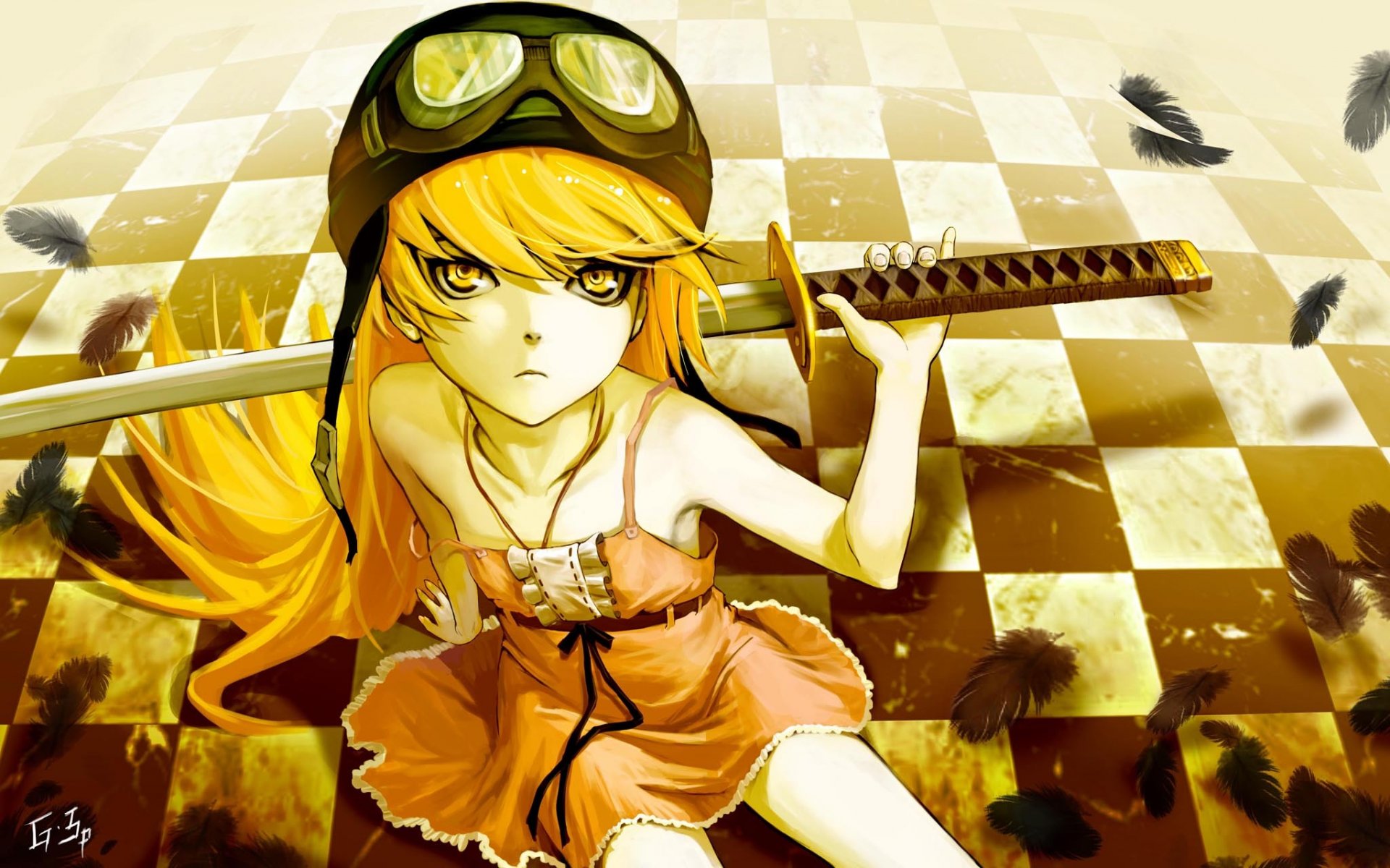 glare girl katana feathers chessboard