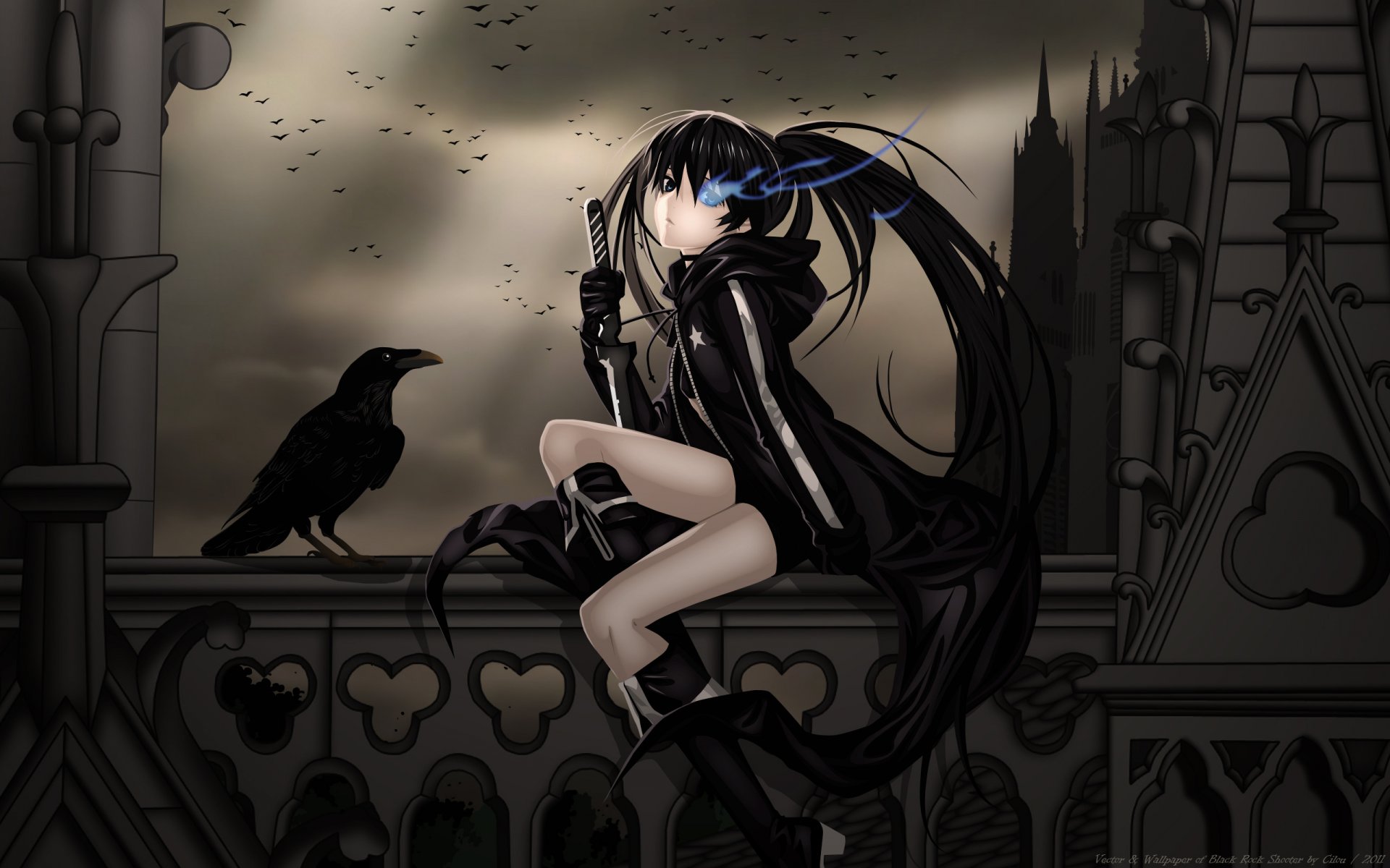 anime corvo ragazza guerriero castello notte gregge balcone nuvole oscurità black rock shooter kuroi mato