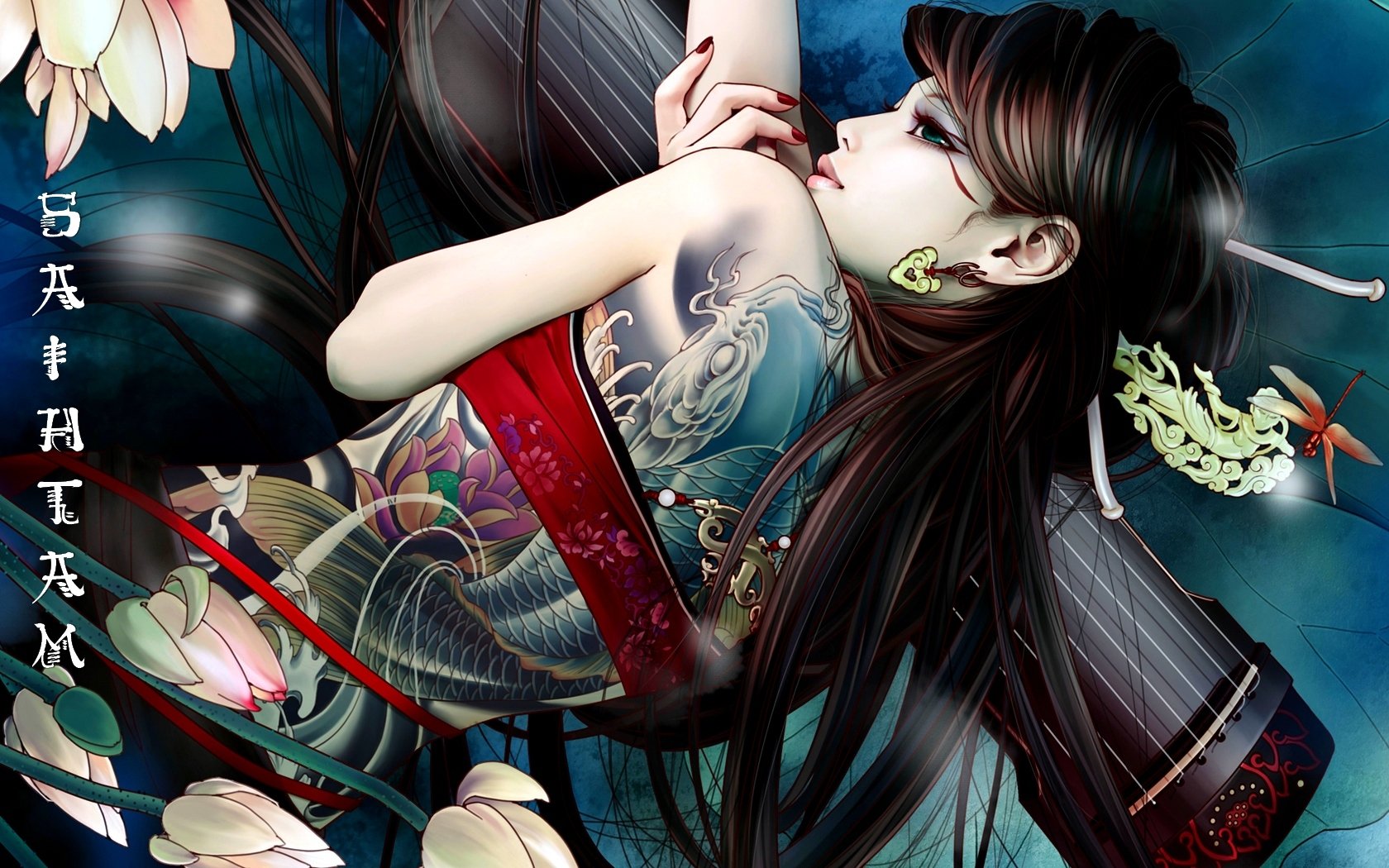 girl tattoos flower asian character