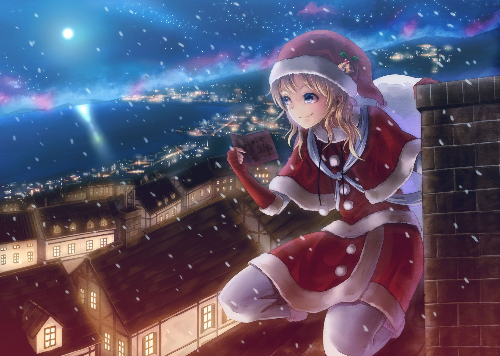 nacht urlaub neujahr dach trompete schneewittchen stadt lichter anime