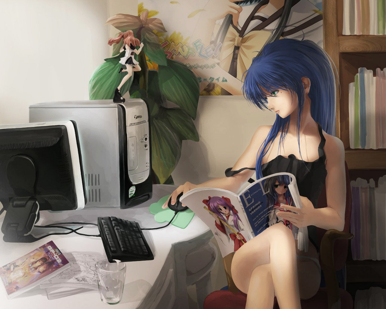 anime chica noche computadora revista situación juego