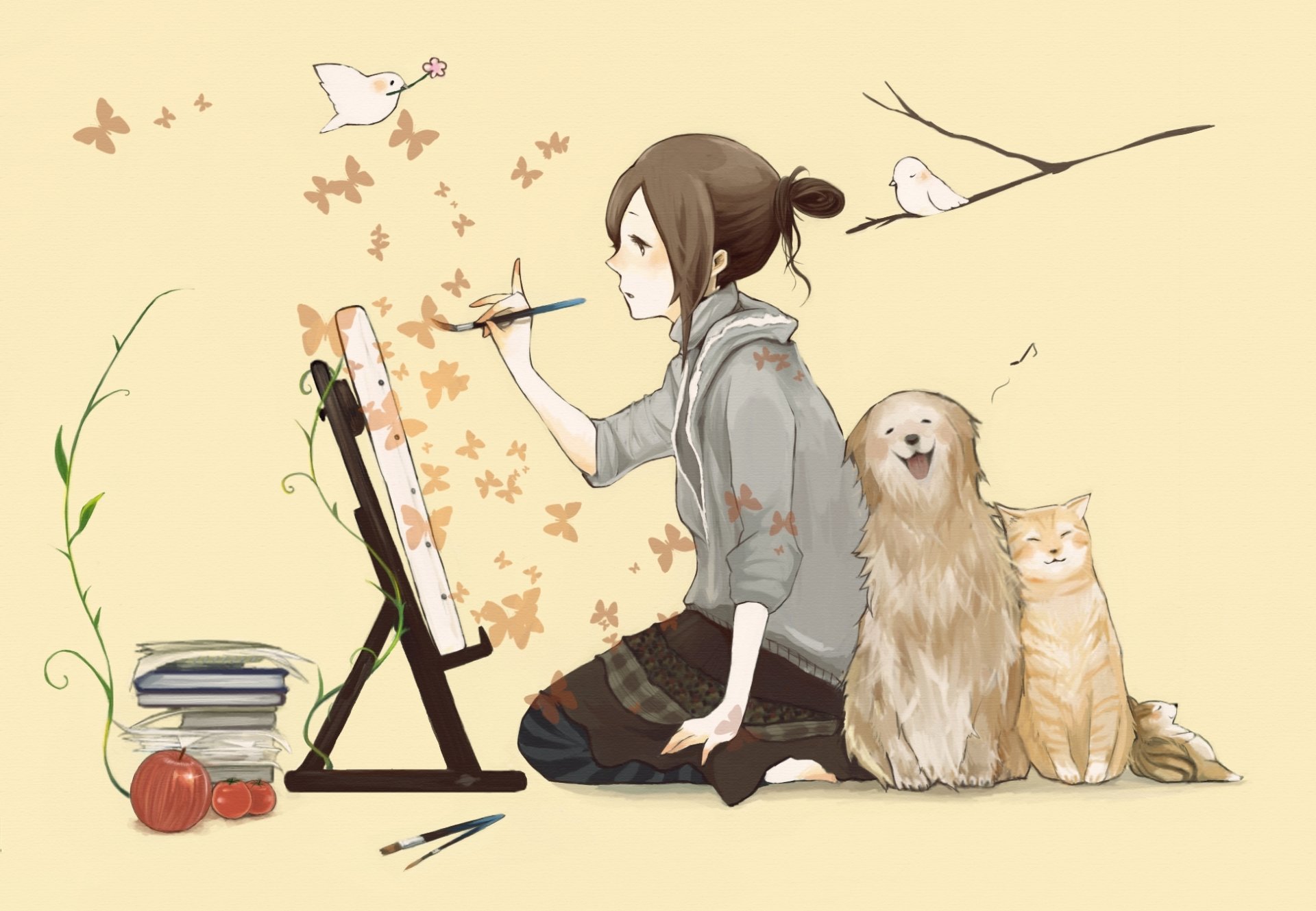 niña perro gato pintura mariposas pincel caballete pájaros libros