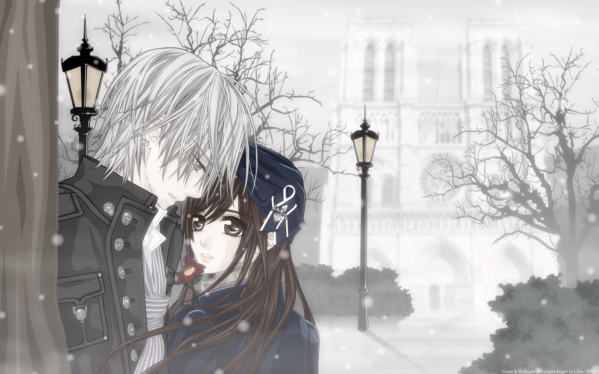 anime deux garçon fille date fleurs hiver neige vampire