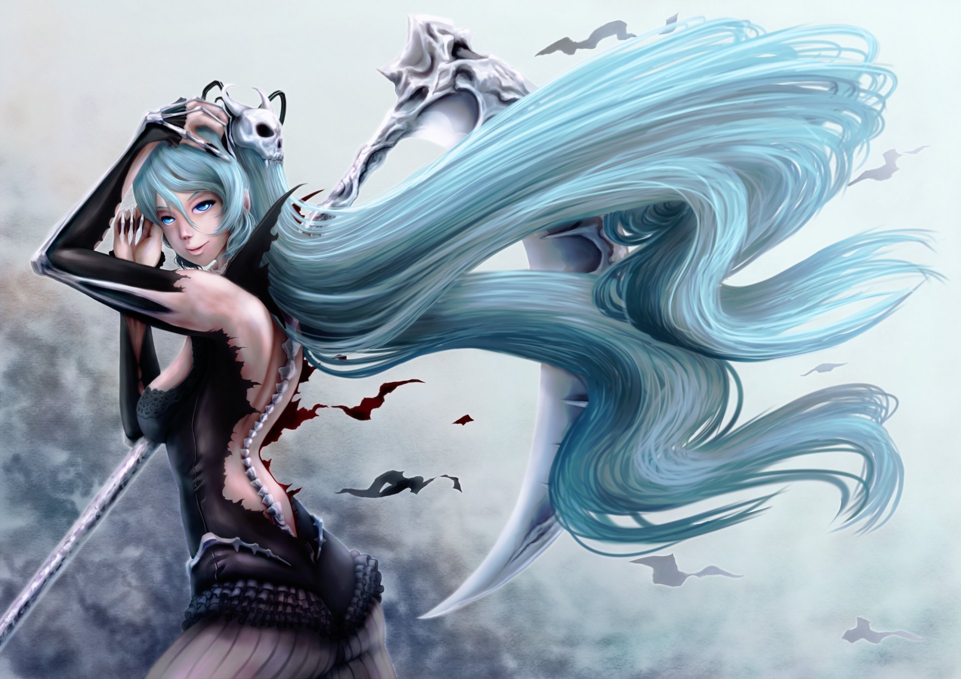 vocaloid hatsune miku green hair smile skull spit bone