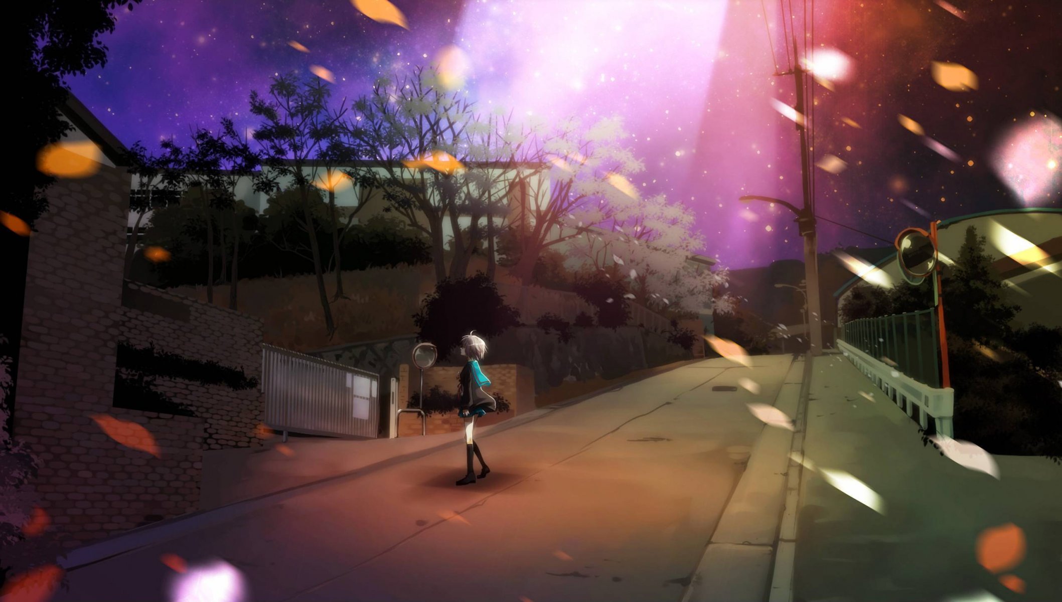 nagato yuki suzumiya haruhi pas yuuutsu rue feuilles nuit route étoiles ciel