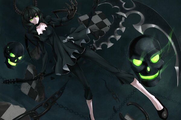 Takanashi yomi on a black background of skulls