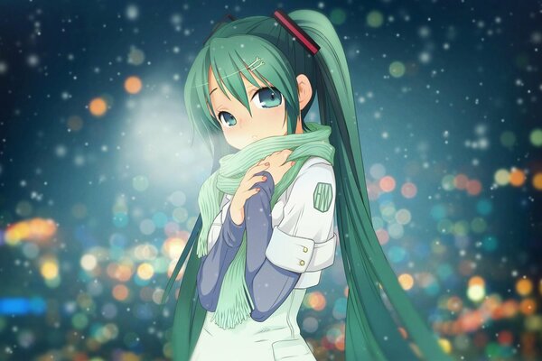 Anime girl in winter in lights