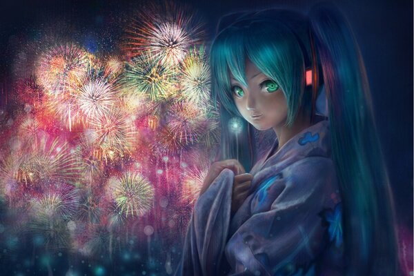 Anime fille sur fond de feux d artifice