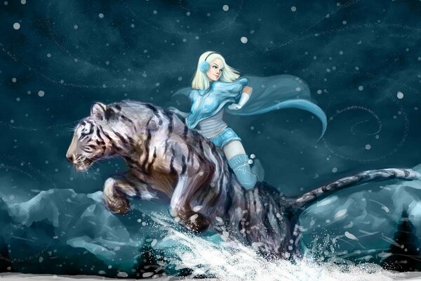 Mädchen in blau auf weißem Tiger reiten