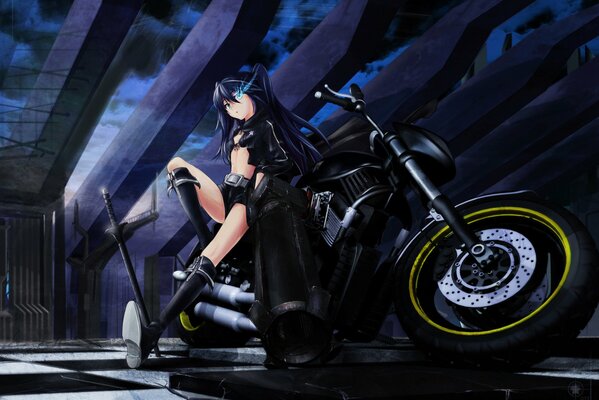 A girl with a sword is sitting on a motorcycle