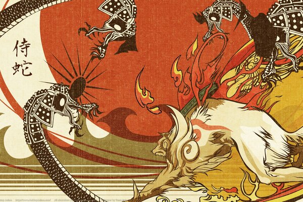 Der Fuchs kämpft gegen schwarze Drachen. Chinesische Kunst