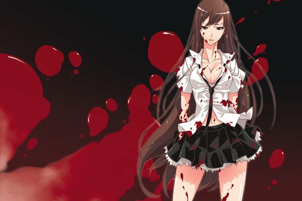 Długowłosa dziewczyna w białej bluzce i spódnicy na tle kropli krwi anime